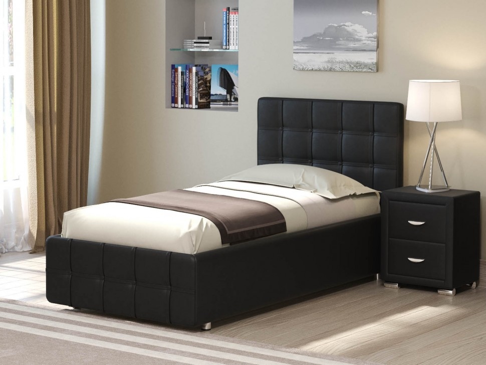 Мебель полуторка. Черная кожаная кровать. Кровать односпальная. Кровать с кожаной спинкой. Чёрная кровать одноместная.
